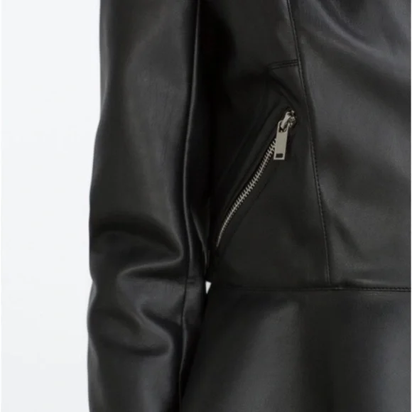 ZARA • Black Faux Leather Peplum Moto Biker Jacket